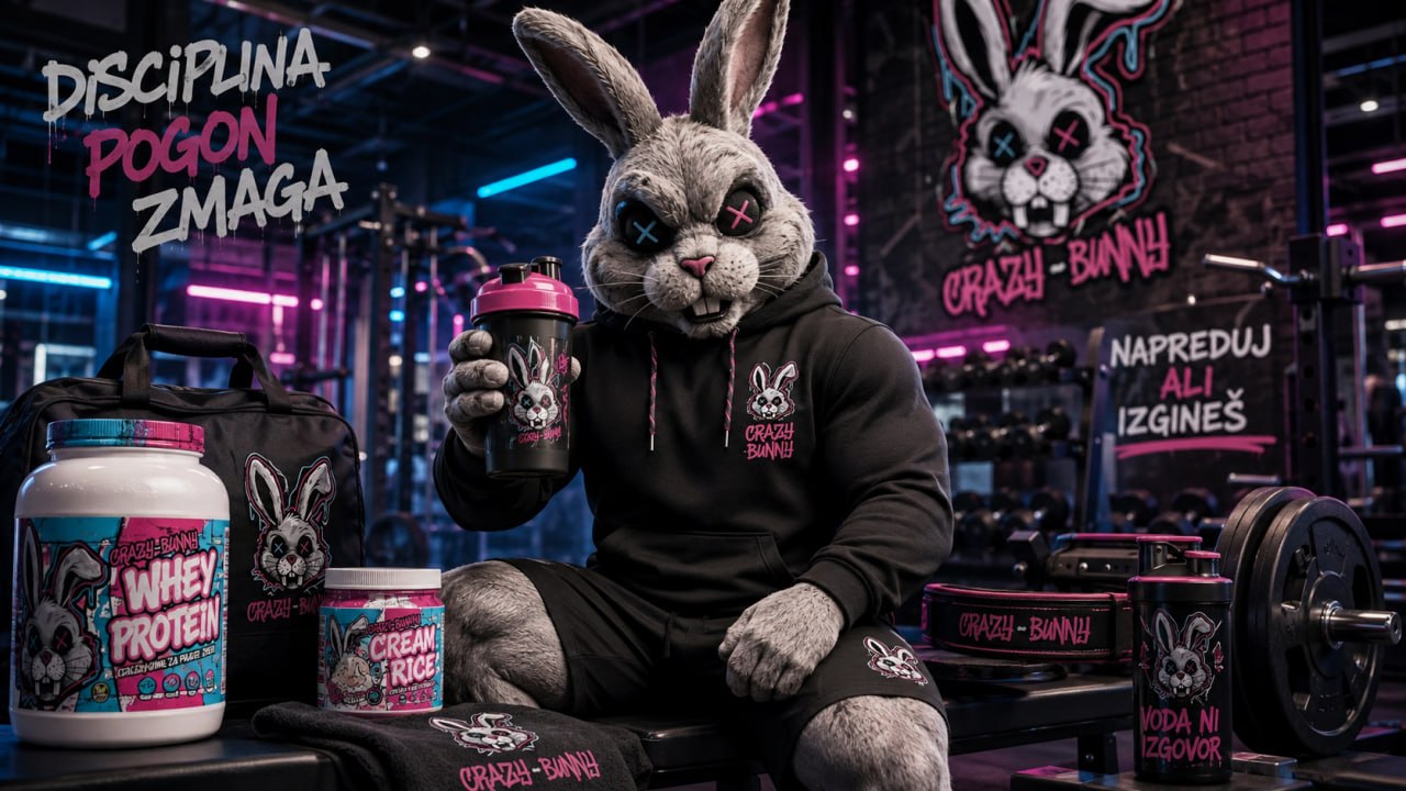 Crazy Bunny maskota v telovadnici z izdelki znamke — whey protein, cream rice in shaker