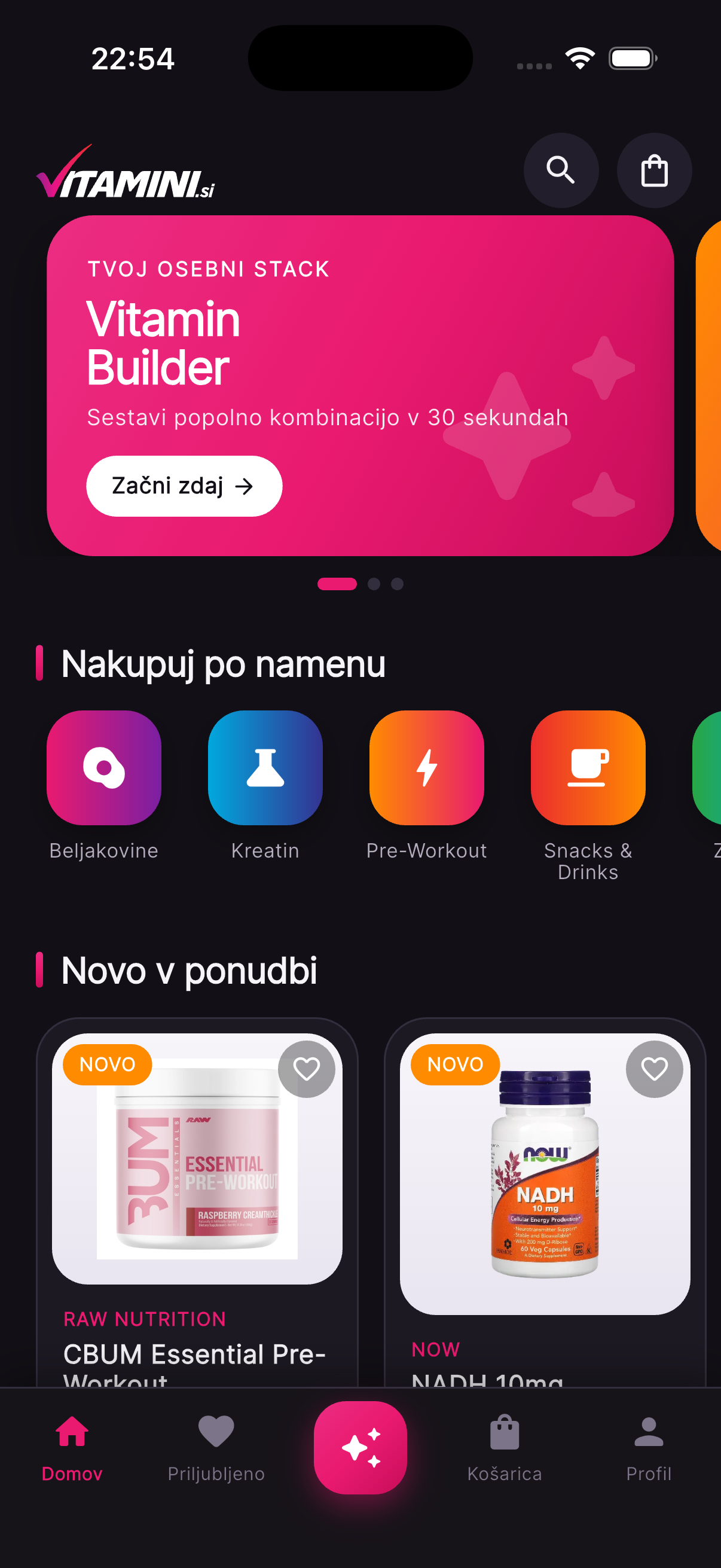 Predogled mobilne aplikacije Vitamini.si — domači zaslon